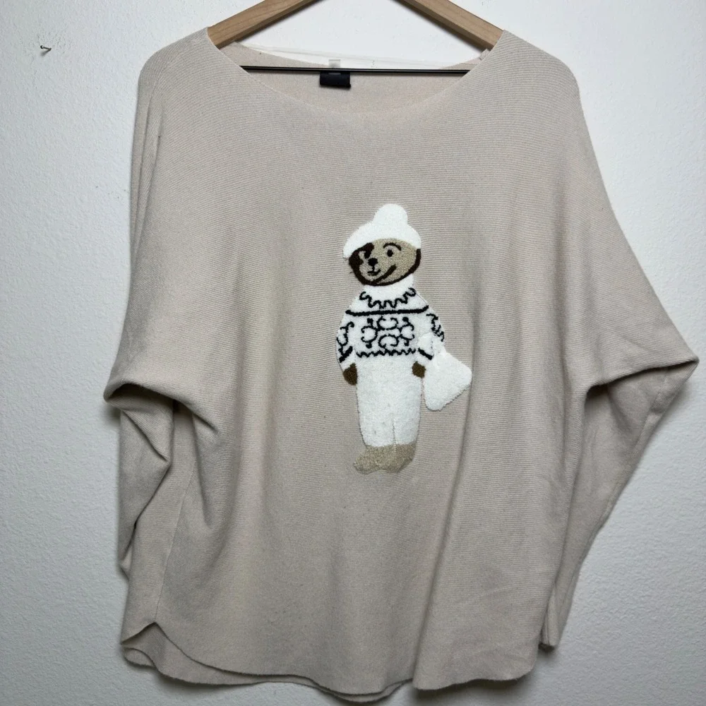 Anthropologie Aaeda Women Sweater L Beige Polar Bear Dolman Sleeve Rib Novelty